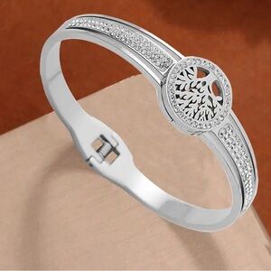 Titanium Steel tree of life Hypoallergenic Bangle w/ Synthetic Zircon in silver